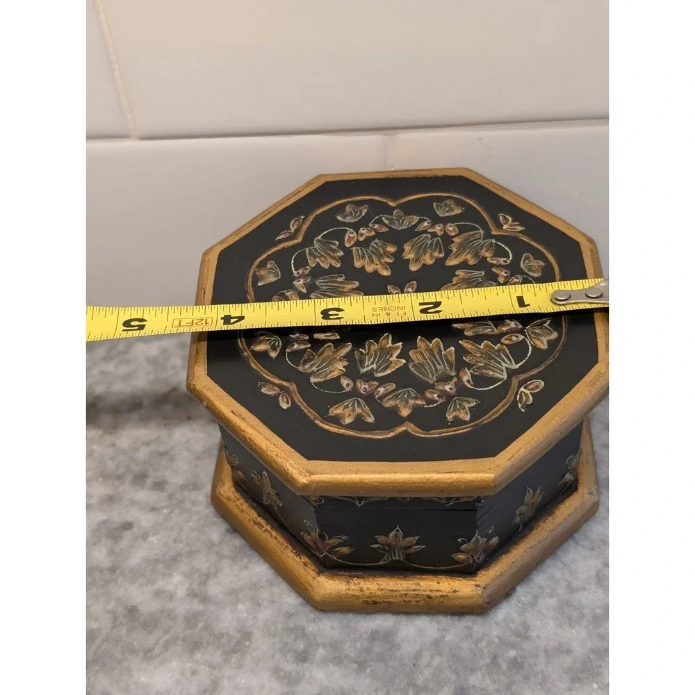 Hand Painted Octagon Shaped Wood Wooden Storage Trinket Box‎ with Lid